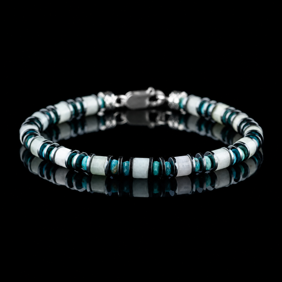 Burmese Jade - Turquoise Bracelet I, front view with pale jade, blue turquoise and hematite spacers