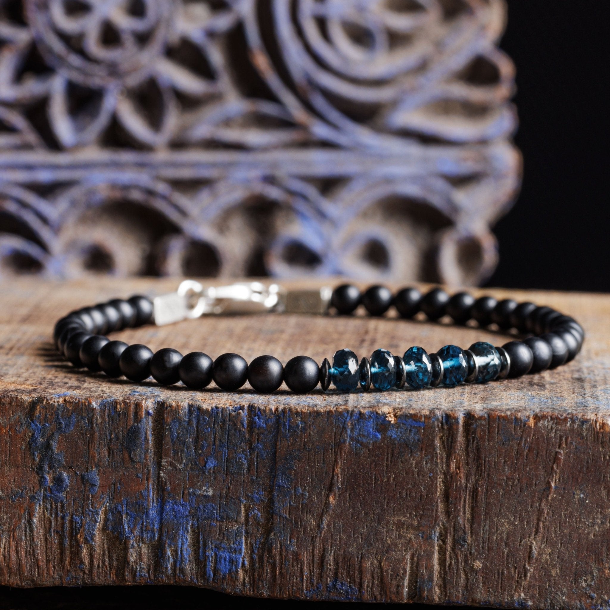 Pulsera de Topacio Azul de Londres - Ágata Negra II (4-5mm)