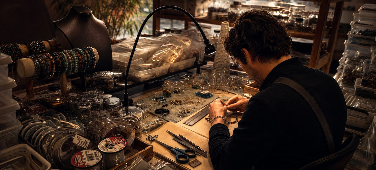 A bracelet being assembled at the bench in the Aurum Brothers family workshop