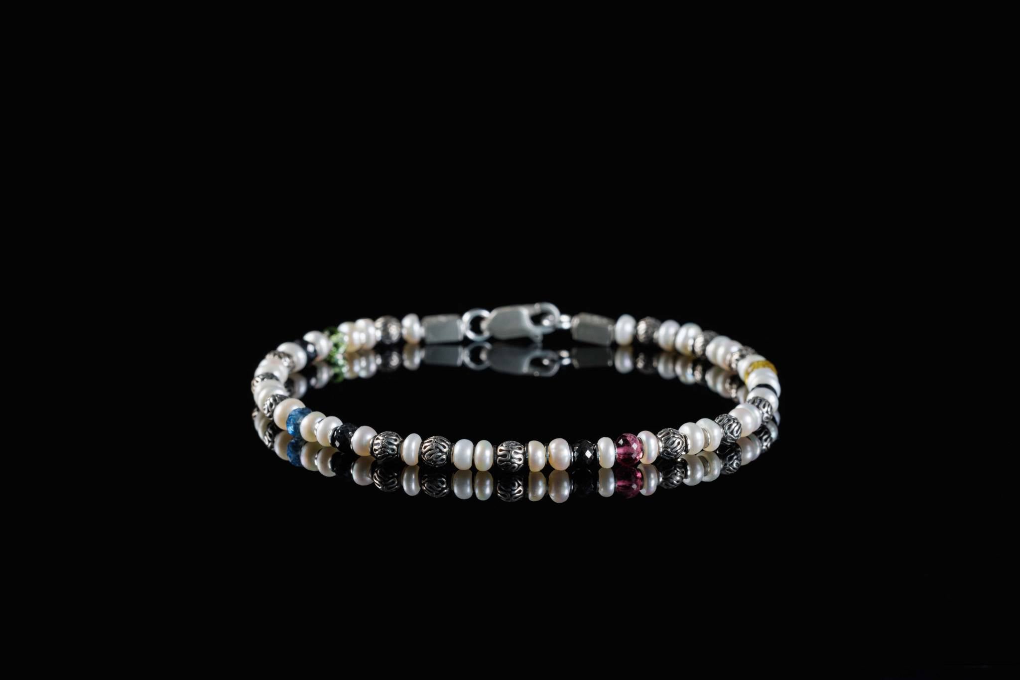 Multicolor Tourmaline - Black Diamond - Aquamarine - Pearl Bracelet IV (4mm) (8586255532367)