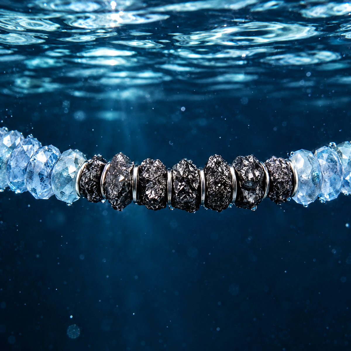 Underwater macro of Raw Black Diamond - Aquamarine Bracelet I (4mm), with blue faceted aquamarine and rough black diamonds beneath the water surface.