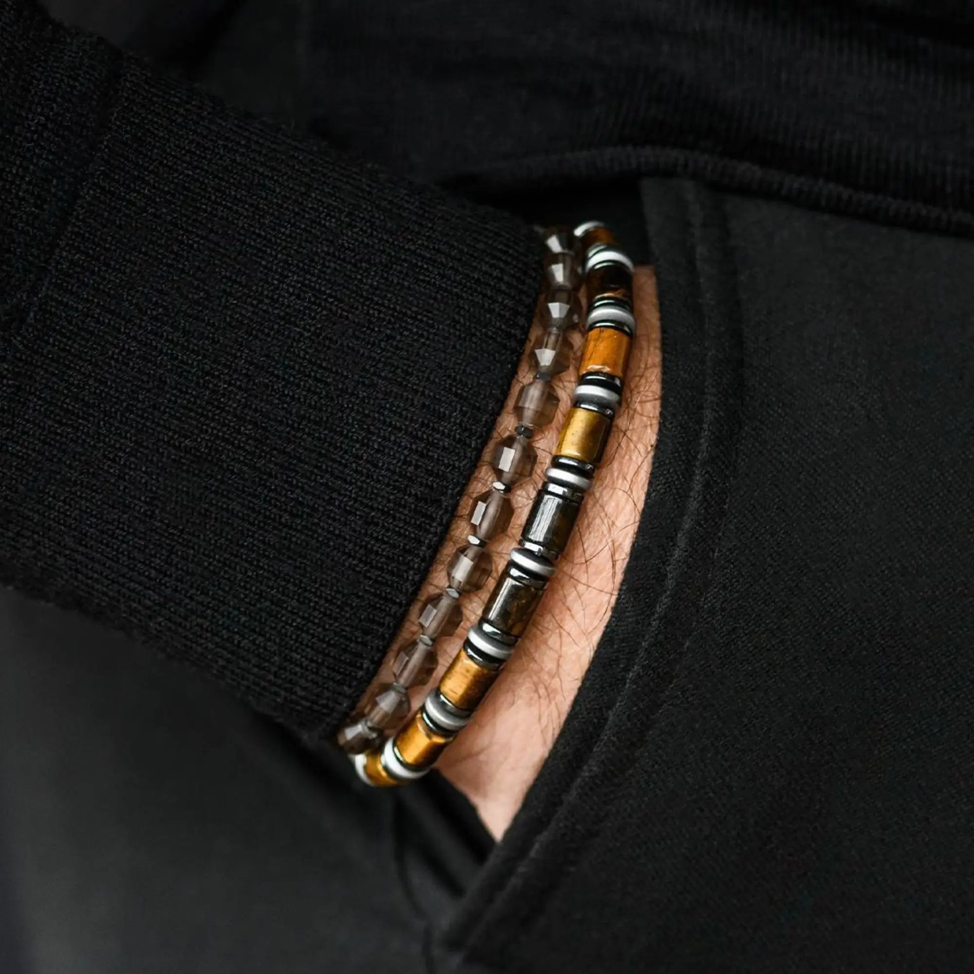 Tiger eye bracelet for men worn on wrist. 6mm Abacus design with Tiger Eye and Hematite. Aurum Brothers.