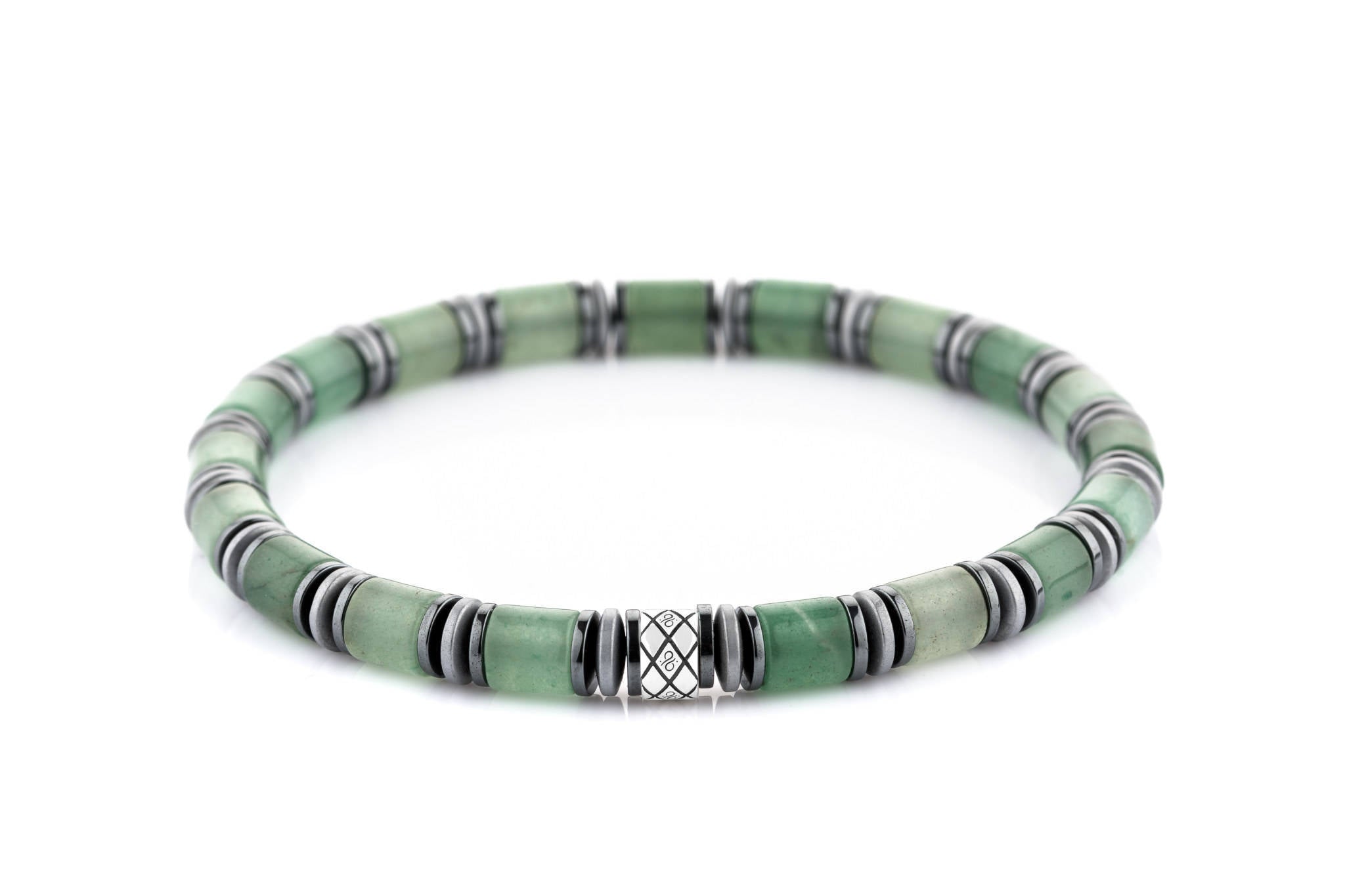 Abacus Green Aventurine - Hematite Snake, 6mm, Silver bracelet (6785221525558)