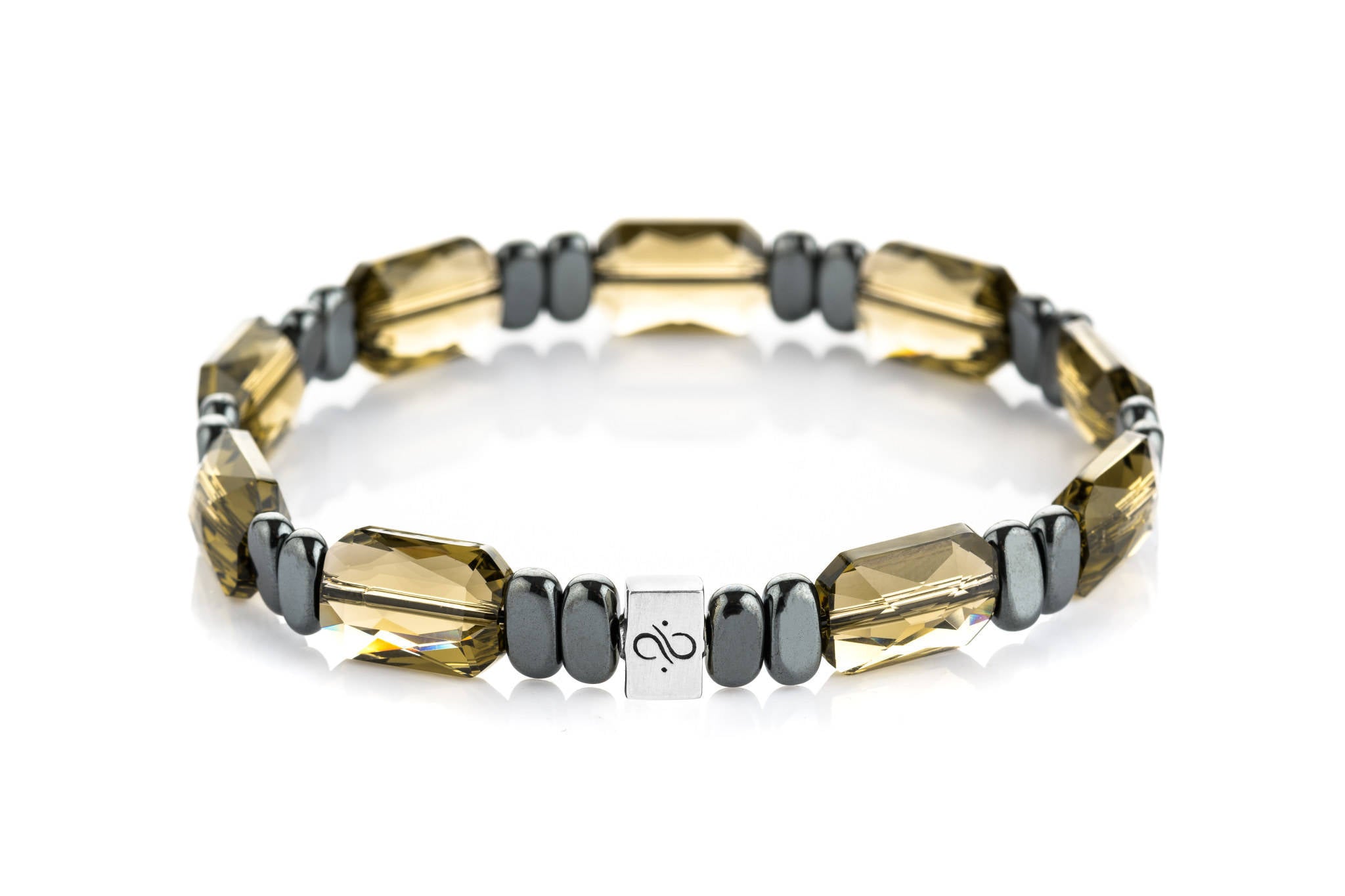 Ashlar Smoky Quartz - Dark Hematite, 10mm, Silver bracelet